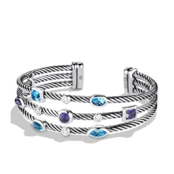 David Yurman Confetti Three-row Cuff Blue Topaz Iolite and Diamonds Bracelet - Picture 1 of 5